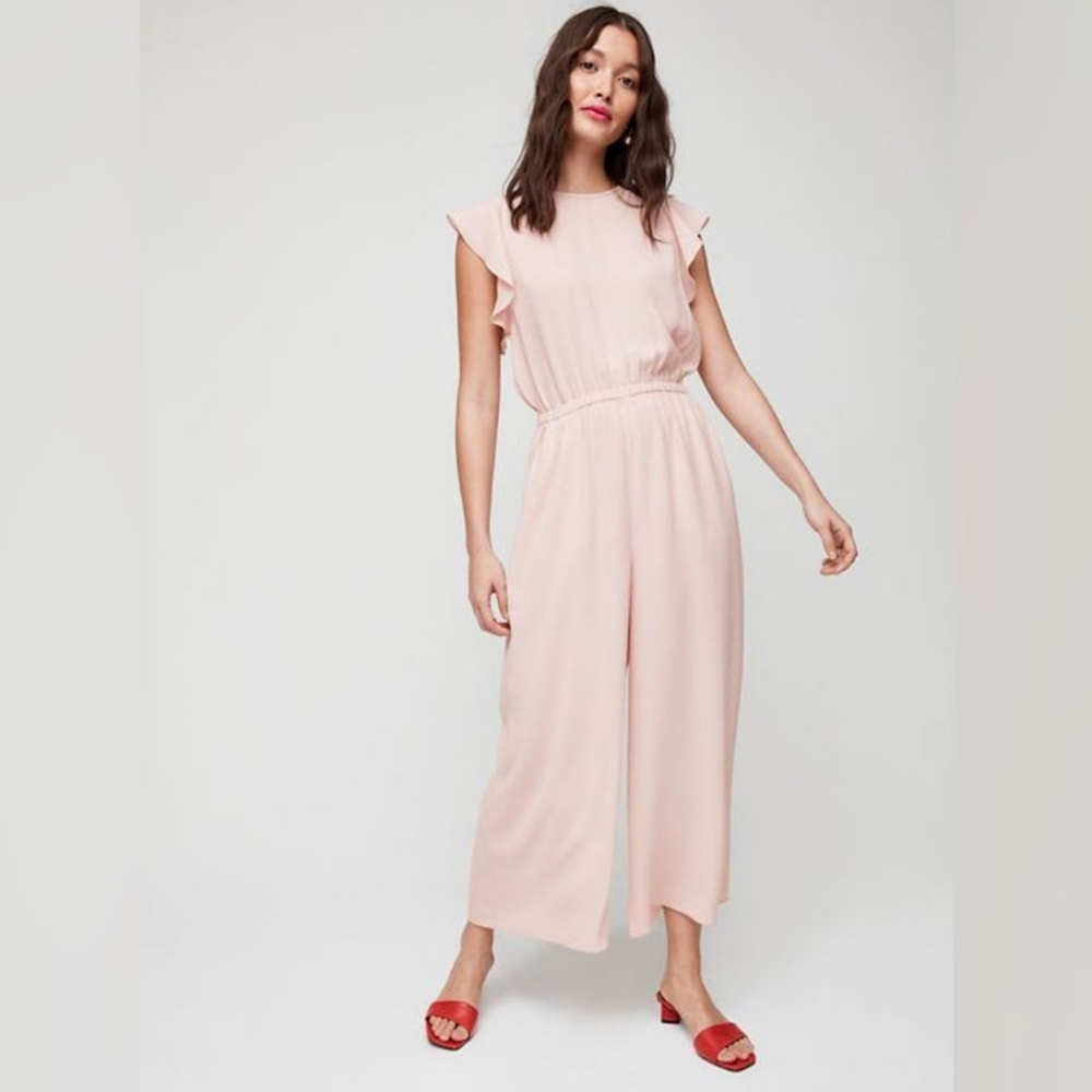 NWOT Aritzia Wilfred Ruffle Sleeve Pink Blush Fleurette Wide Leg Jumpsuit sz. L